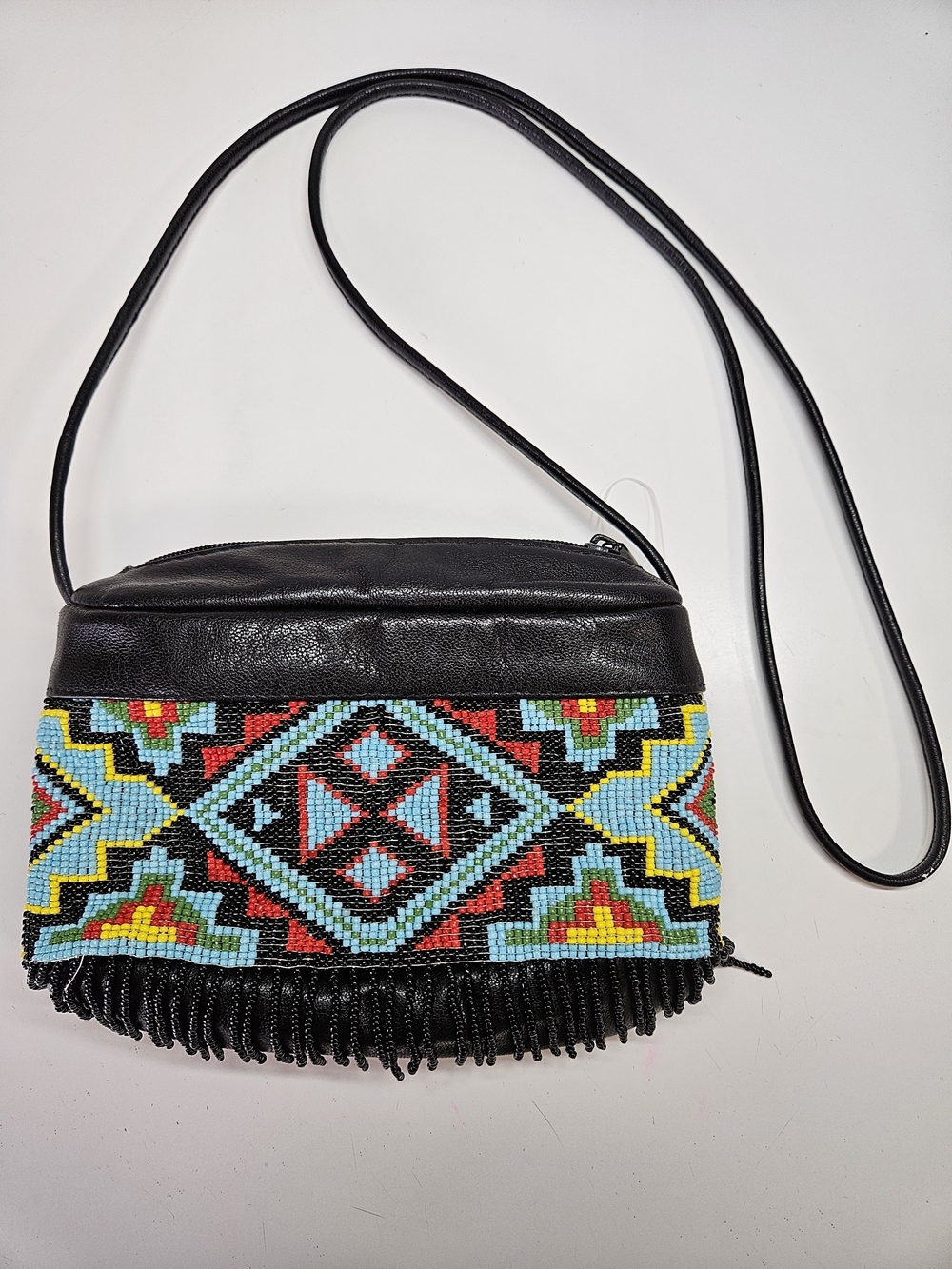 NEW VINTAGE Vivian Sender Aztec Southwestern Beaded Fringe Leather Crossbody Bag